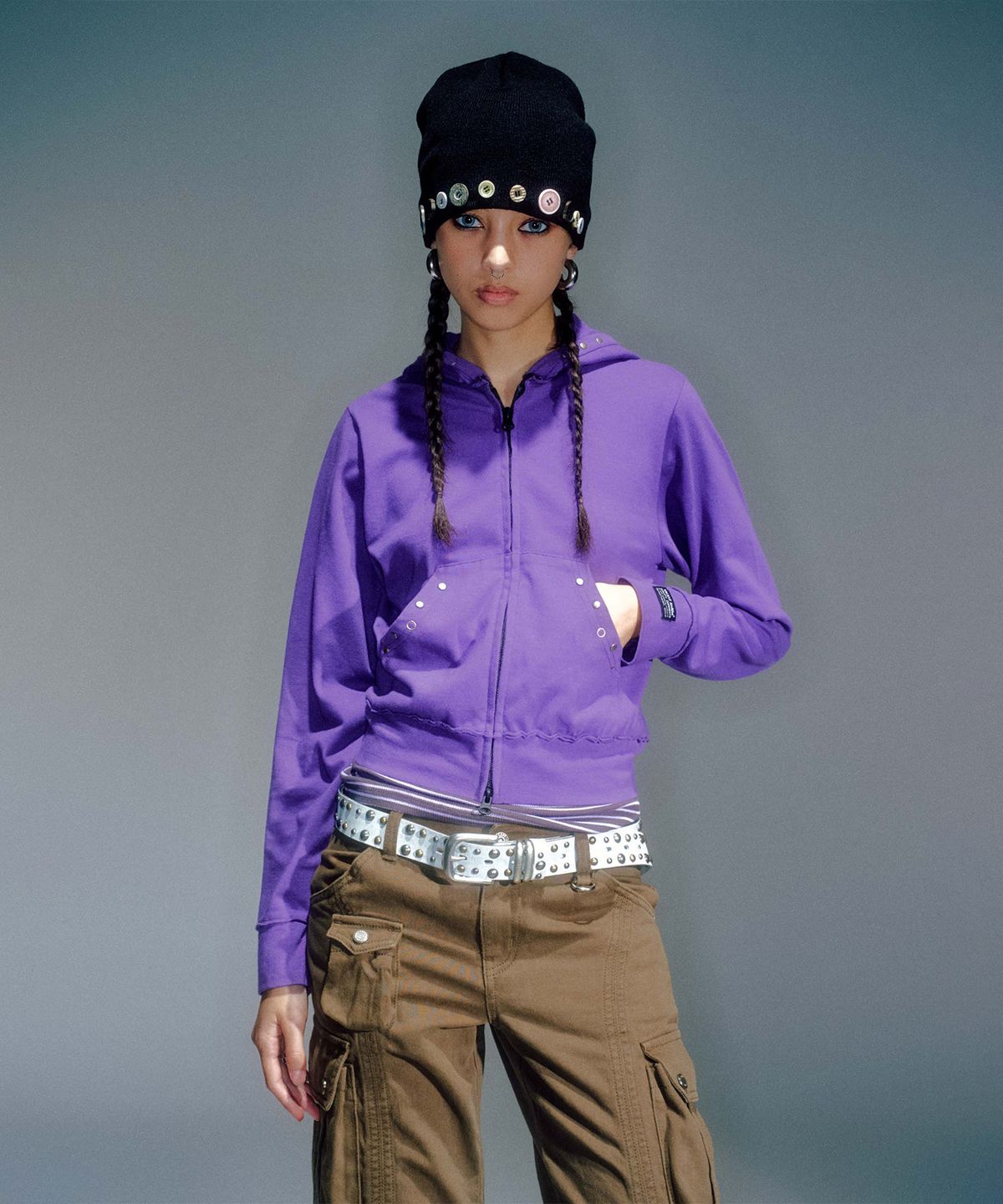 베이컨트 아카이브(VACANT ARCHIVE) WOMEN CAPPY STUD HOODIE ZIP-UP PURPLE