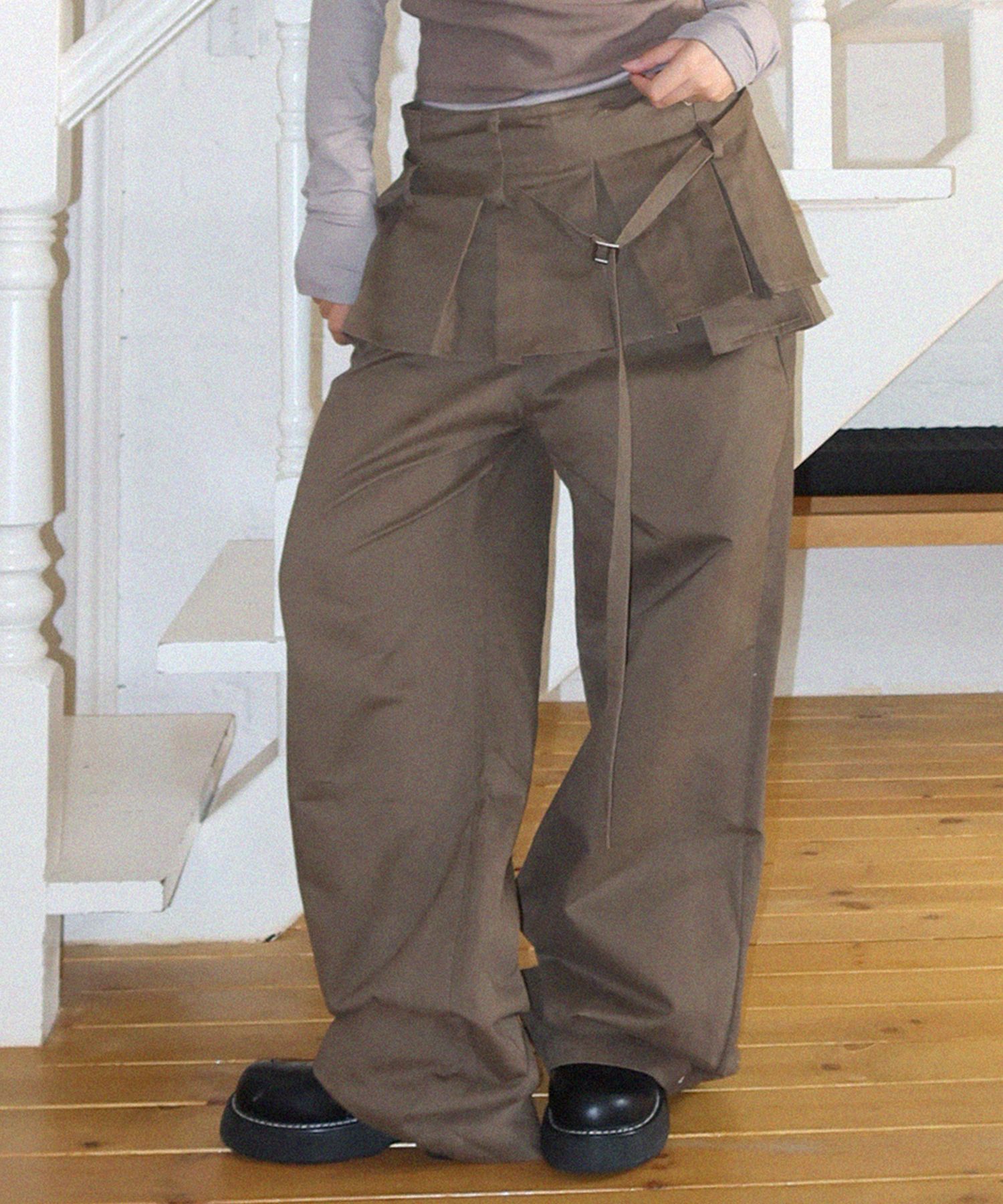MUSINSA | PLACE STUDIO Pleated Skirt Layered Wide Pants [Brown]