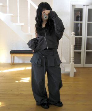 플리츠 스커트 레이어드 와이드 팬츠 [차콜]