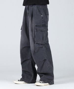 파라슈트 원턱 카고 와이드 데님 팬츠_블랙
