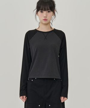 W 데일리 스트라이프 래글런 티셔츠 (BLACK)