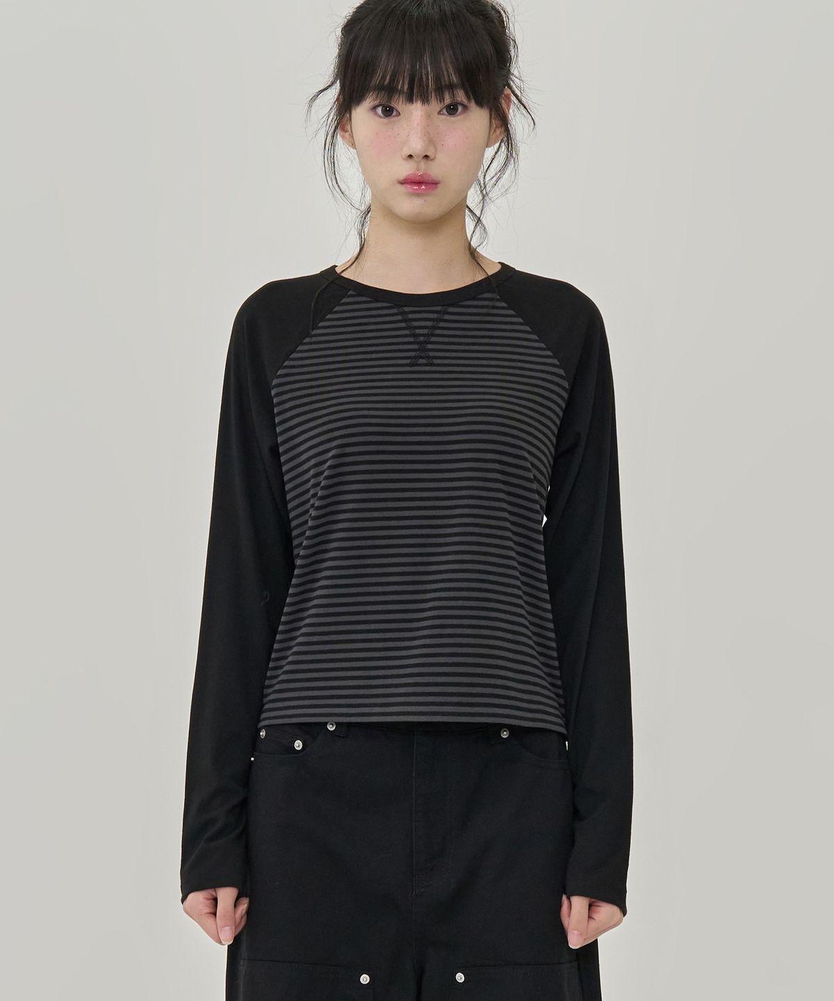 토피 우먼(TOFFEE WOMEN) W 데일리 스트라이프 래글런 티셔츠 (BLACK)
