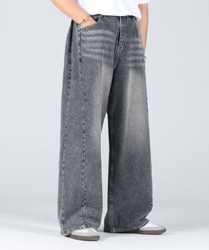 절개 옆핀턱 빈티지 워싱 와이드 데님 팬츠_그레이