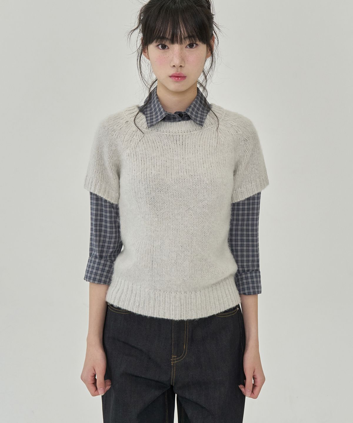 토피 우먼(TOFFEE WOMEN) W 하프 슬리브 래글런 니트 (ASH WHITE)