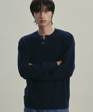 코튼 헨리넥 와플 니트 NAVY