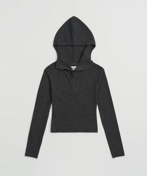 W 하이넥 와플 후드 티셔츠 (CHARCOAL)