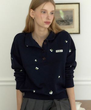 마가렛 엠브로더리 버튼다운 스웨트셔츠 - 네이비