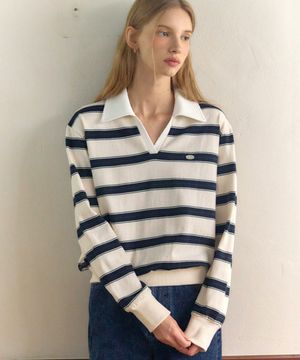 스트라이프 로고 카라 스웨트셔츠 - 화이트