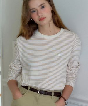 스트라이프 슬리브 티셔츠 - 베이지