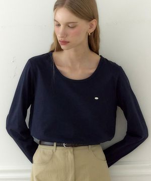 로고 실키 유넥 슬리브 티셔츠 - 네이비