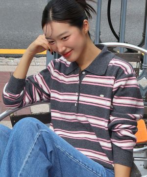 멀티 스트라이프 카라 니트 - 핑크