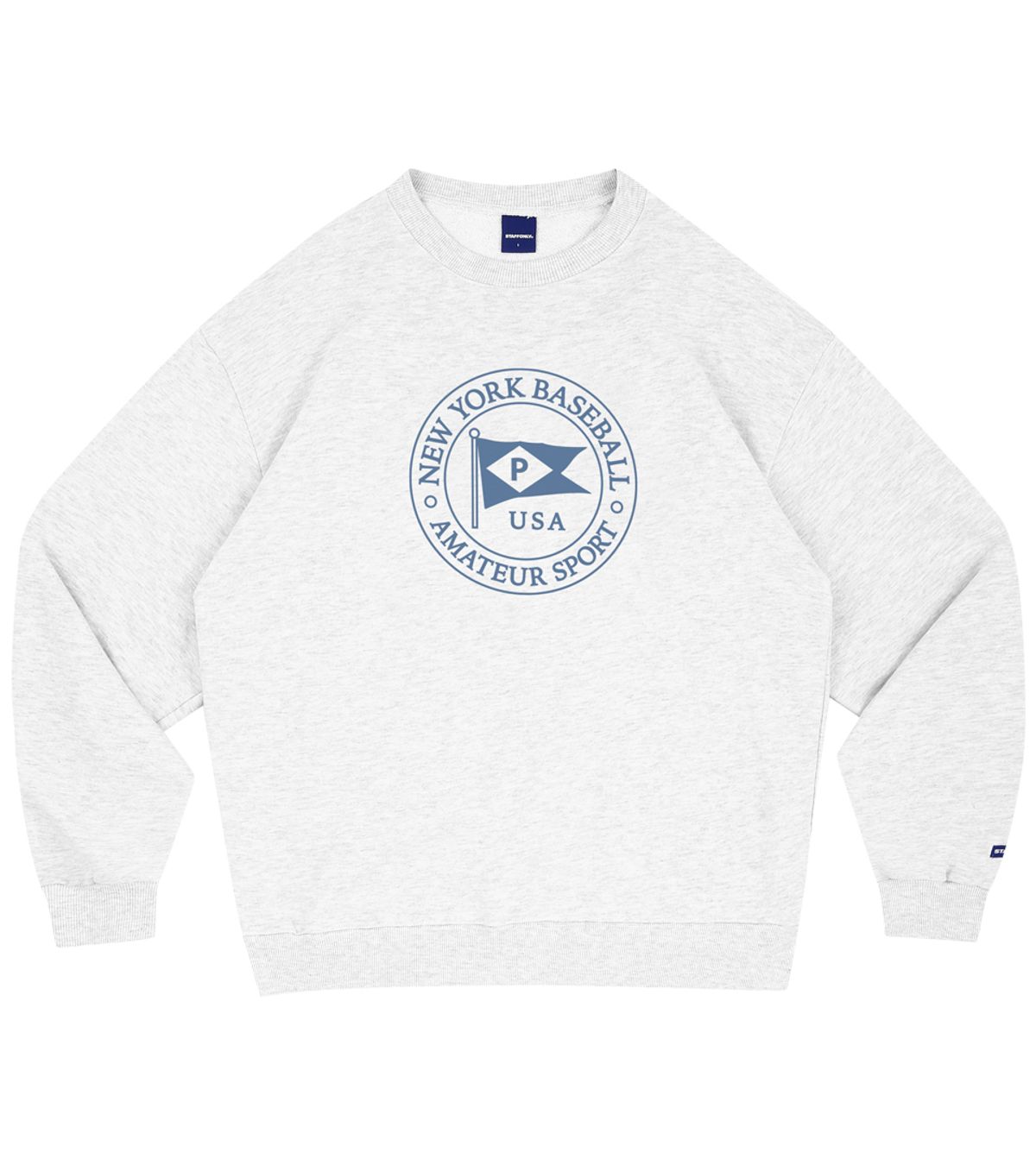 스텝온리(STAFFONLY) NEW YORK BASEBALL ROUND FLAG SWEATSHIRTS (MELANGE WHITE)