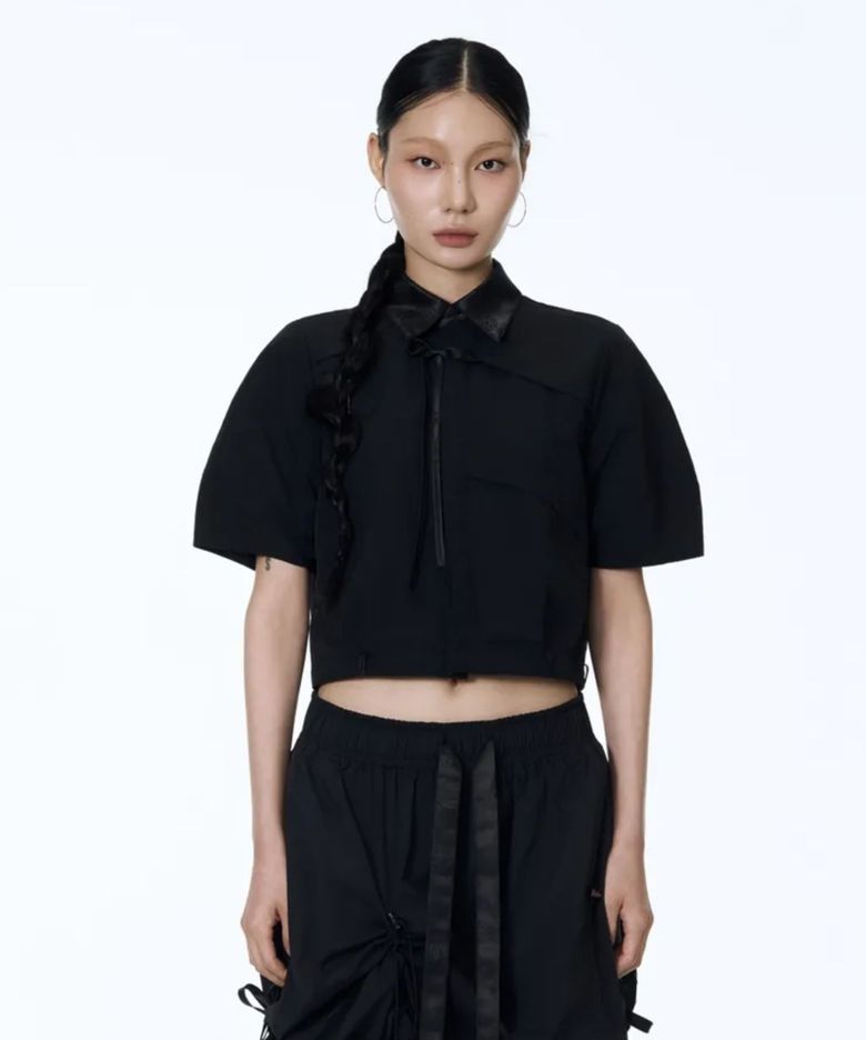 Hanbok Fabric Collar Crop Shirt (Black)