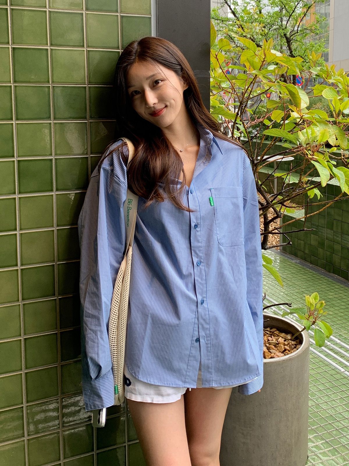 비플랫 베네통(Bb' BENETTON) 오버핏 스트라이프 셔츠 (Blue)