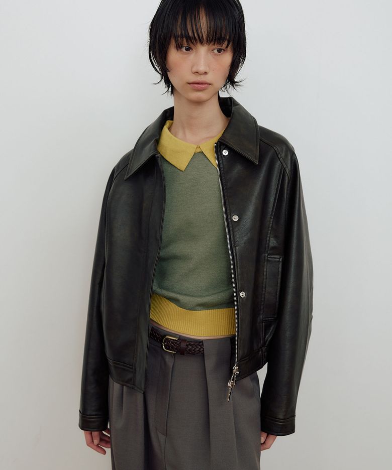LEATHER PLEATS BOMBER JACKET_BROWN