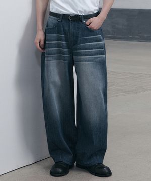 스트라이프 커브드 데님팬츠 (블루)