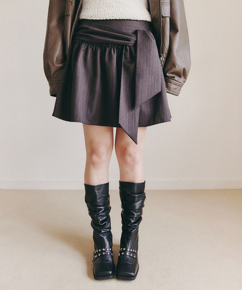 STRIPED BOW-TIE MINI SKIRT_DARK BROWN
