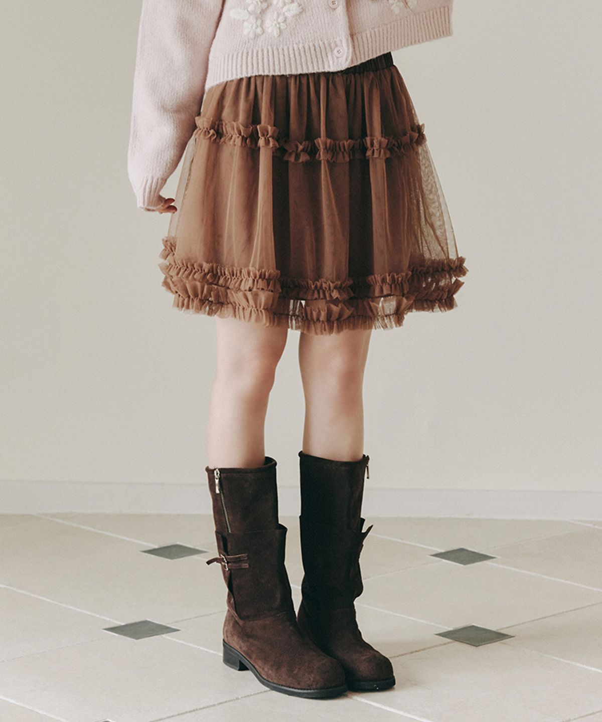 셀리테일즈(CELITAILS) MESH FRILL TUTU SKIRT_BROWN