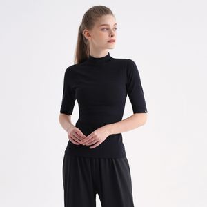 SWT25053-01 골지 하프넥 5부 소매 티셔츠 블랙