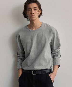 U넥 긴팔 티셔츠 - 멜란지 그레이