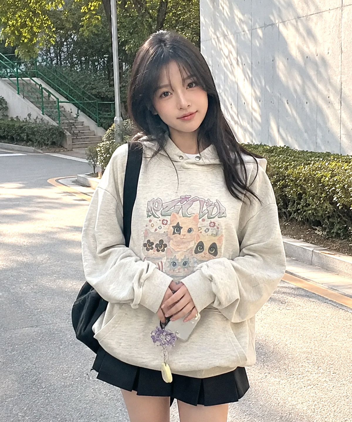 모즈모즈(MOZMOZ) 포켓밴드 디지털 그래픽 오버핏 후드 오트밀