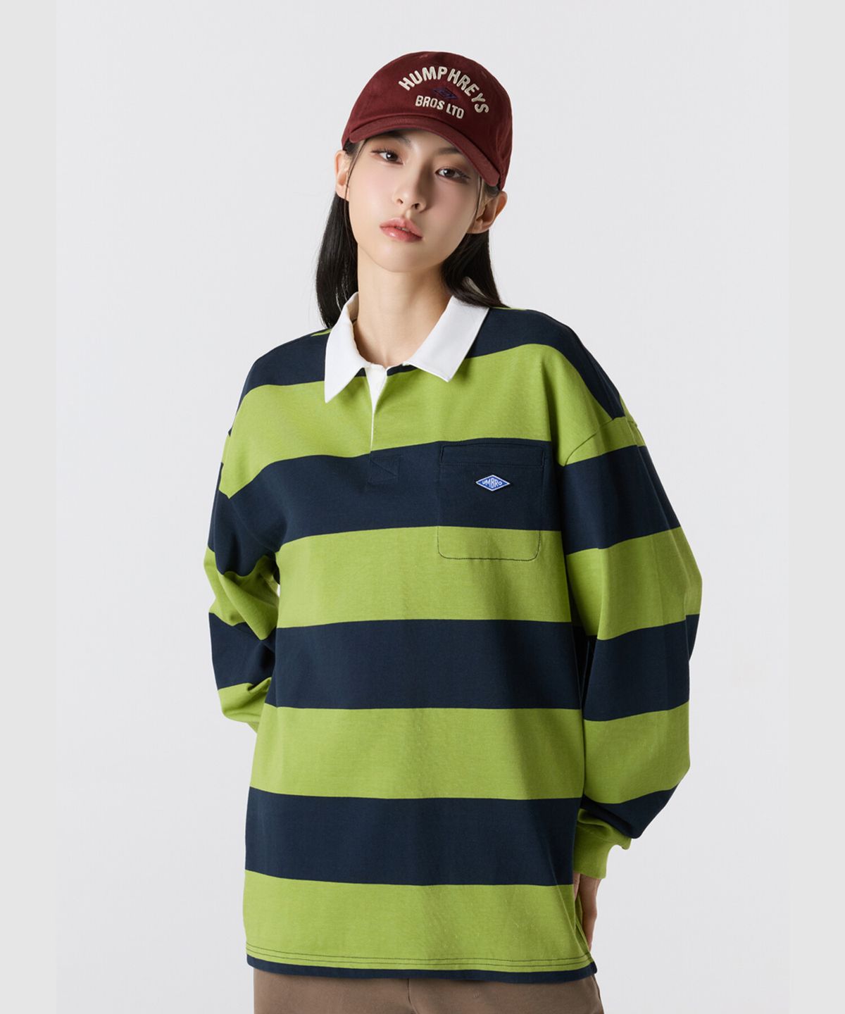 엄브로(UMBRO) HBL 로얄 컬리지 컬러블럭 럭비 카라 긴팔 티셔츠 그린(UQ321CRL92)