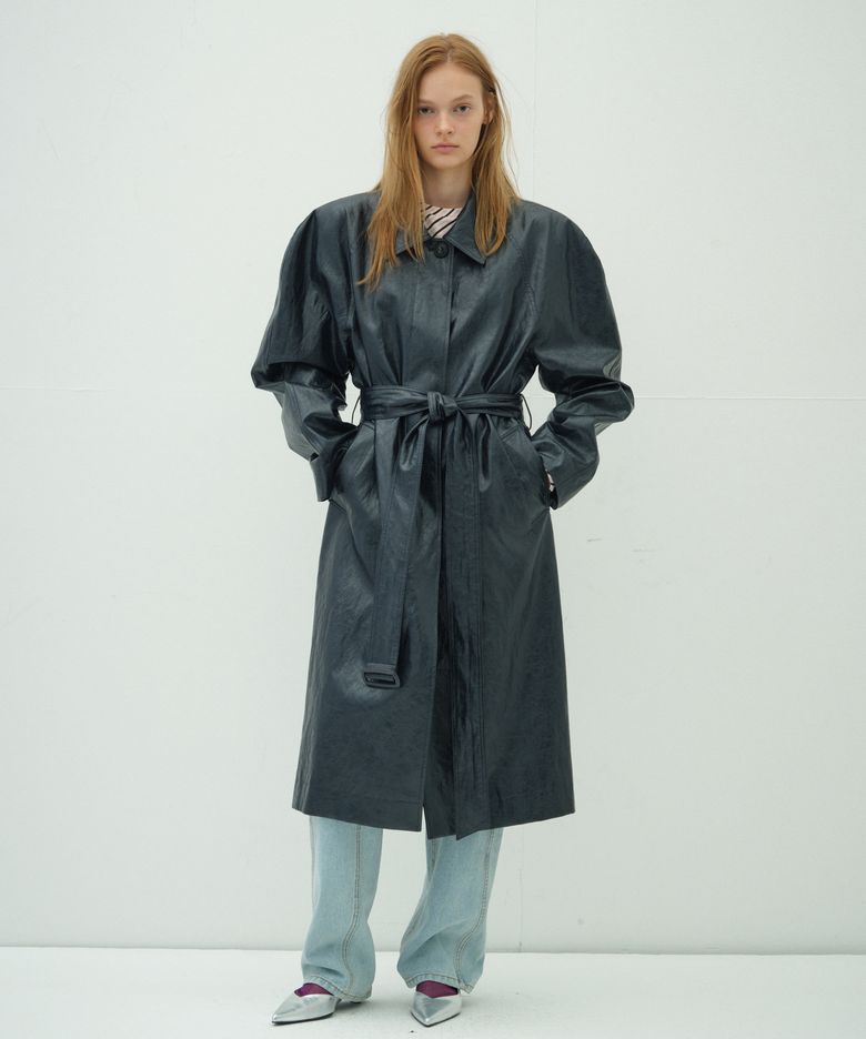 LEATHER LONG TRENCH COAT_NAVY