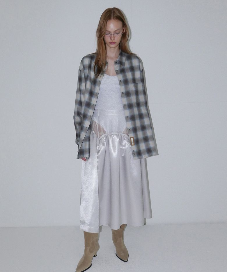 SHEER SATIN LONG SKIRT_WHITE SILVER