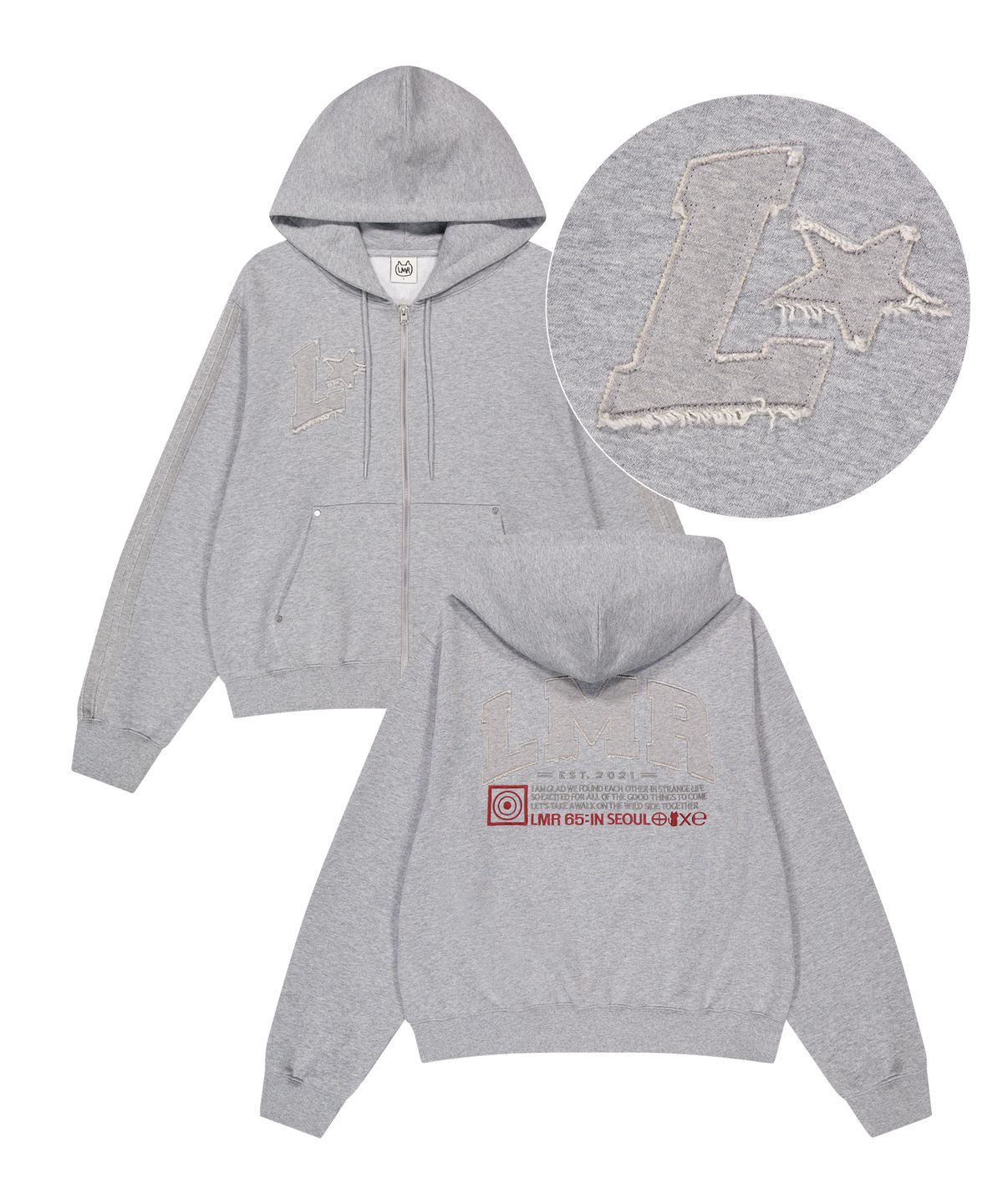 엘엠알(LMR) 컬러 포인트 패치워크 후드 집업 GREY
