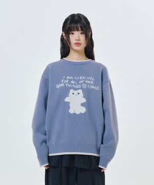 샹뇽이 캐릭터 자가드 크루 니트 BLUE