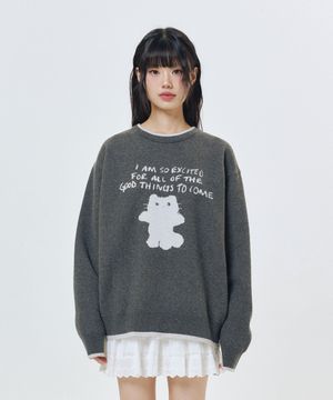 샹뇽이 캐릭터 자가드 크루 니트 CHARCOAL