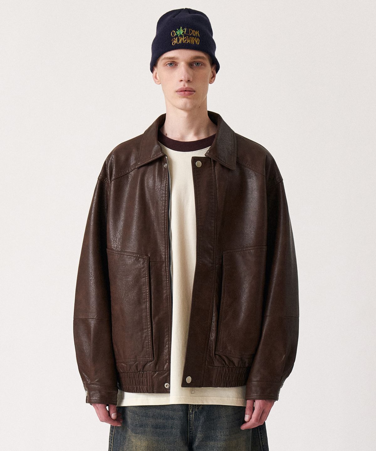 골든선샤인(GOLDEN SUNSHINE) Vintage leather collar bomber jacket_Brown