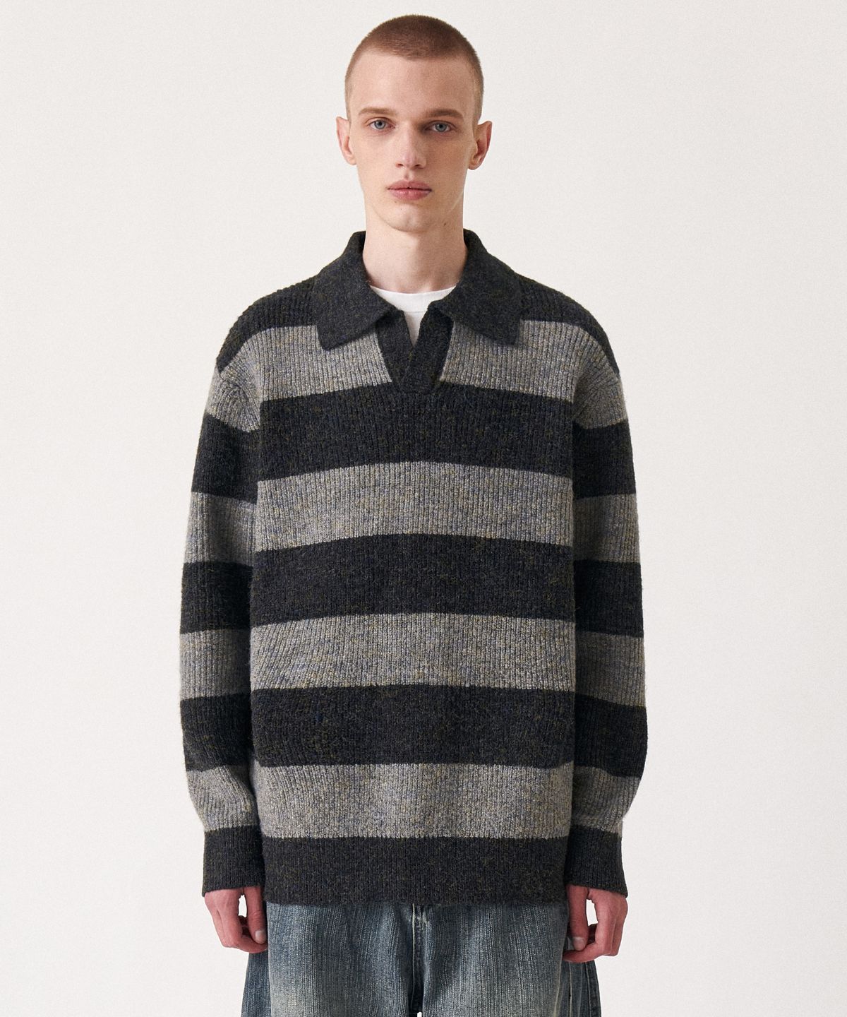 골든선샤인(GOLDEN SUNSHINE) Wool mixed stripe collar knit_Grey