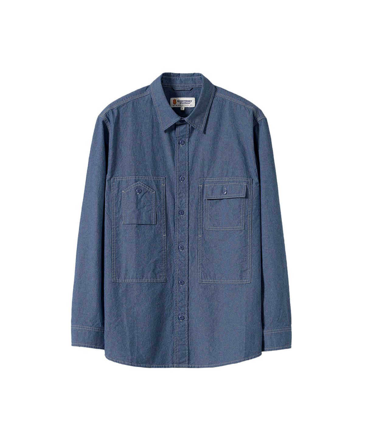건지 울른스(Guernsey Woollens) 샴브레이 워크 셔츠 5.5oz - 블루