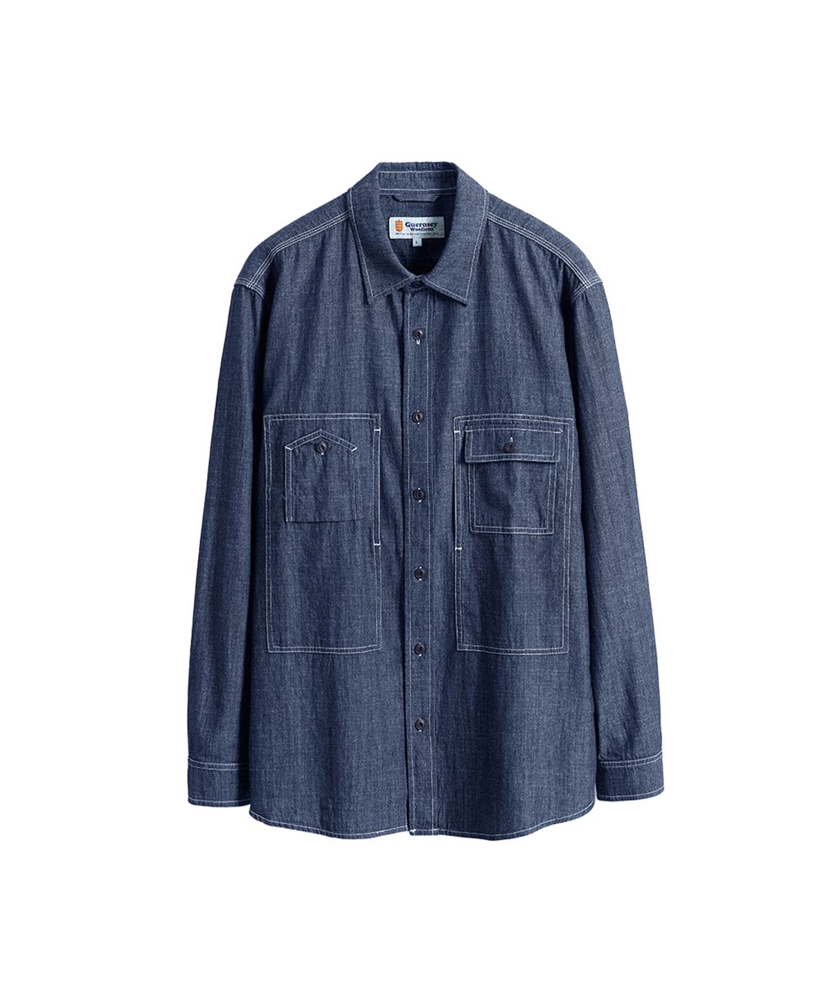건지 울른스(Guernsey Woollens) 샴브레이 워크 셔츠 5.5oz - 인디고 블루