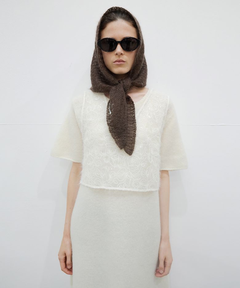 Fuzzy Eyelet Layered Wrap Knit - Rustic Brown