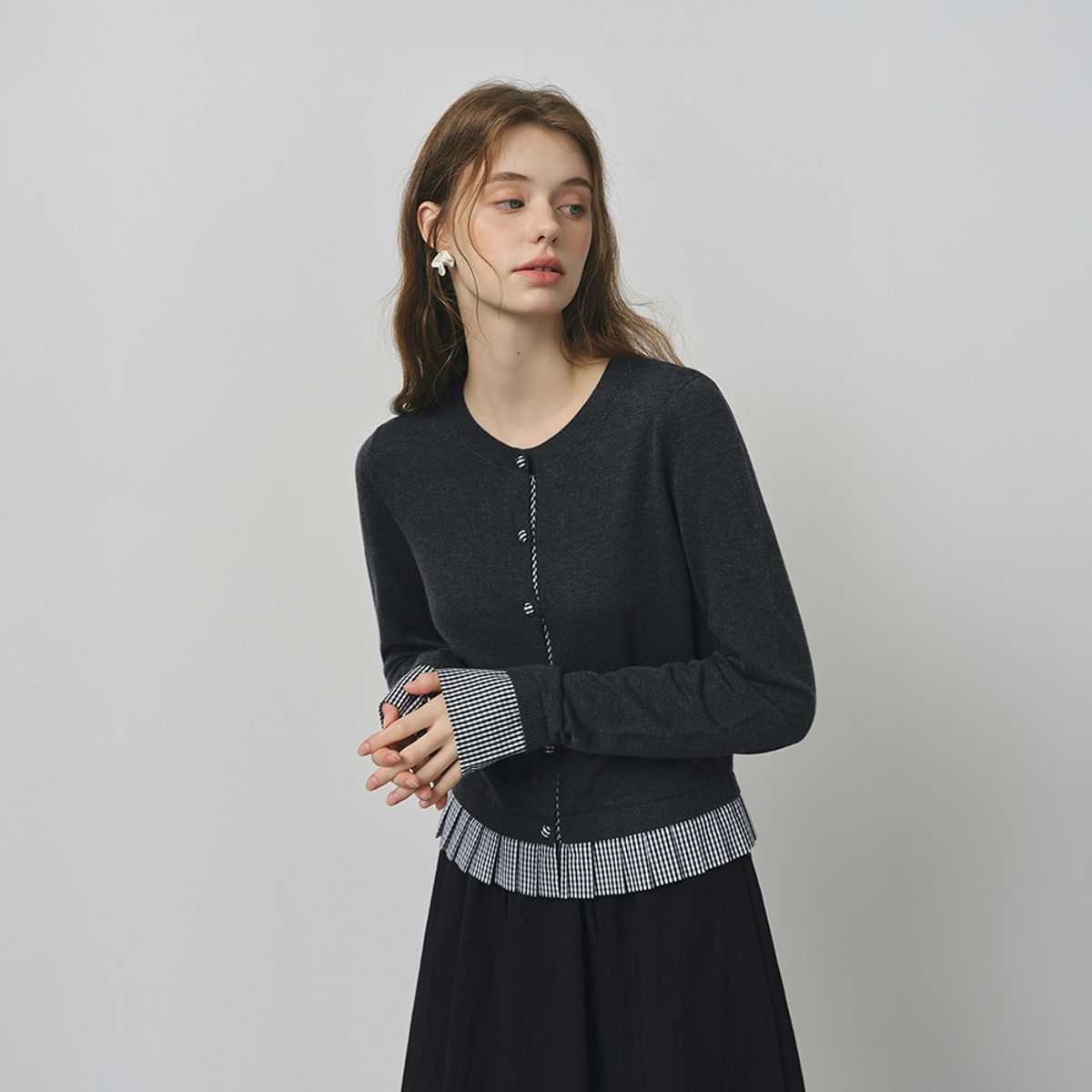 웬스데이딜라잇(WEDNESDAY DELIGHT) WD_Check layer round neck cardigan