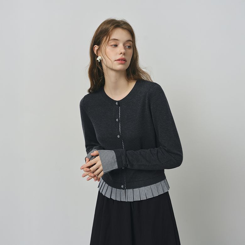 WD_Check layer round neck cardigan