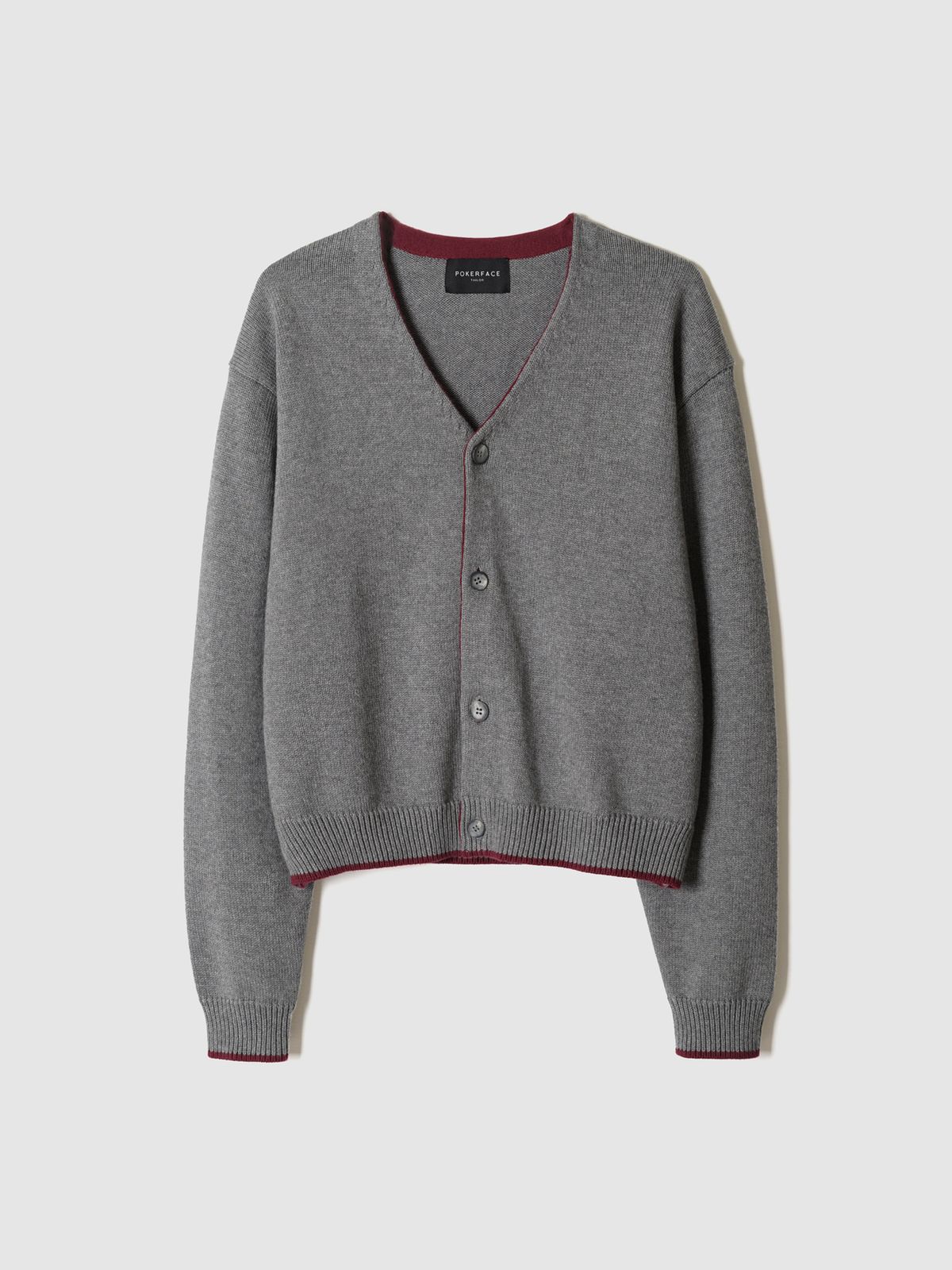 포커페이스(POKERFACE) CROPPED CARDIGAN GREY/BURGUNDY