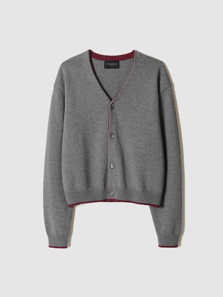 CROPPED CARDIGAN GREY/BURGUNDY