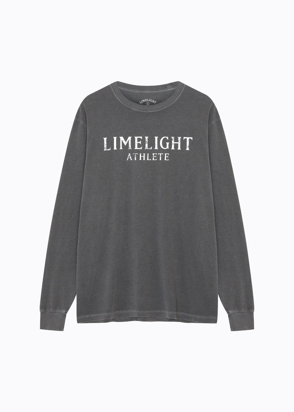 라임라잇 어패럴(LIMELIGHT APPAREL) 애슬릿 로고 피그먼트 롱 슬리브 티셔츠 (차콜/화이트)