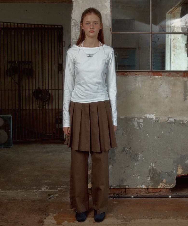 STUD PLEATS MIDI SKIRT PANTS_DARK BEIGE
