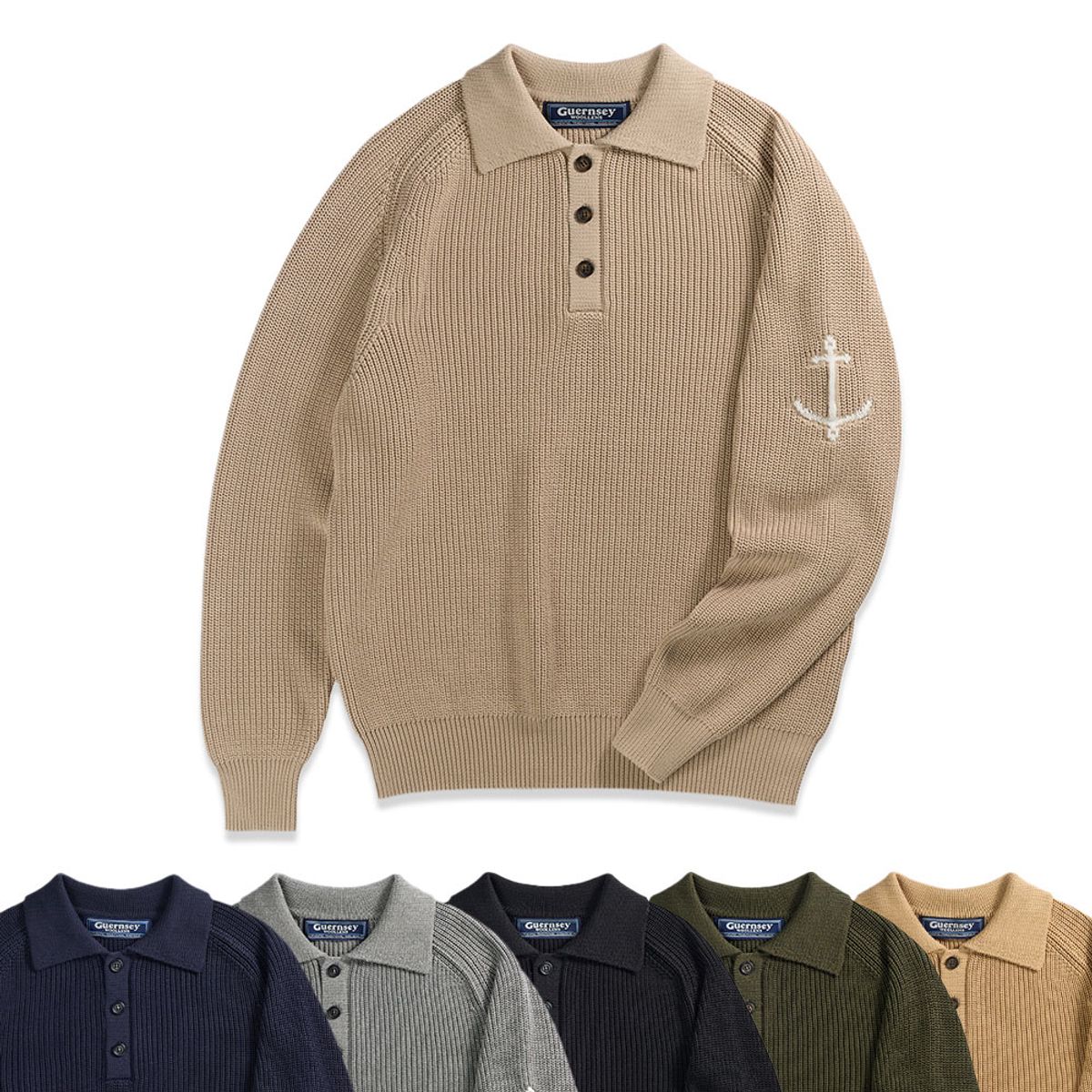 건지 울른스(Guernsey Woollens) 머서라이즈 코튼 새들 카라 니트 컬렉션