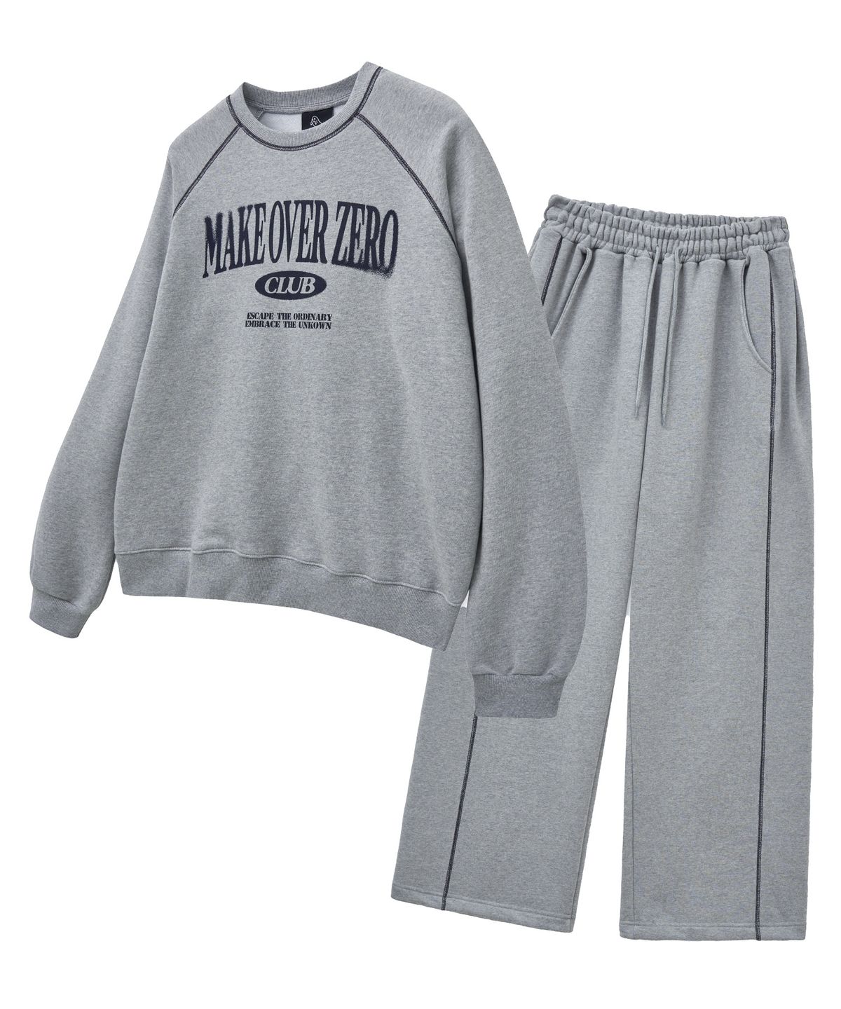 모즈모즈(MOZMOZ) [SET] 블러링 스티치 레글런 오버핏 맨투맨 + 스티치 와이드 트레이닝팬츠 그레이