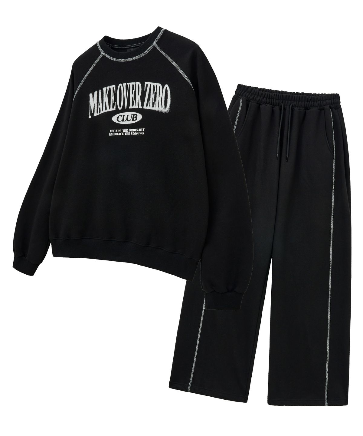 모즈모즈(MOZMOZ) [SET] 블러링 스티치 레글런 오버핏 맨투맨 + 스티치 와이드 트레이닝팬츠 블랙