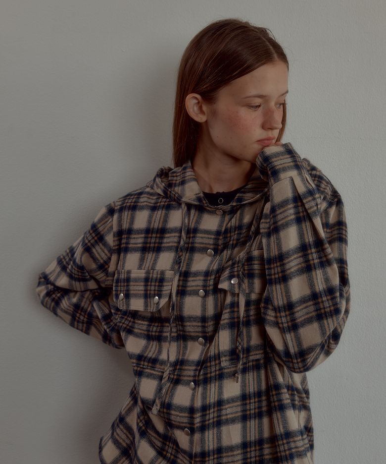 CHECK HOOD SHIRT_BEIGE