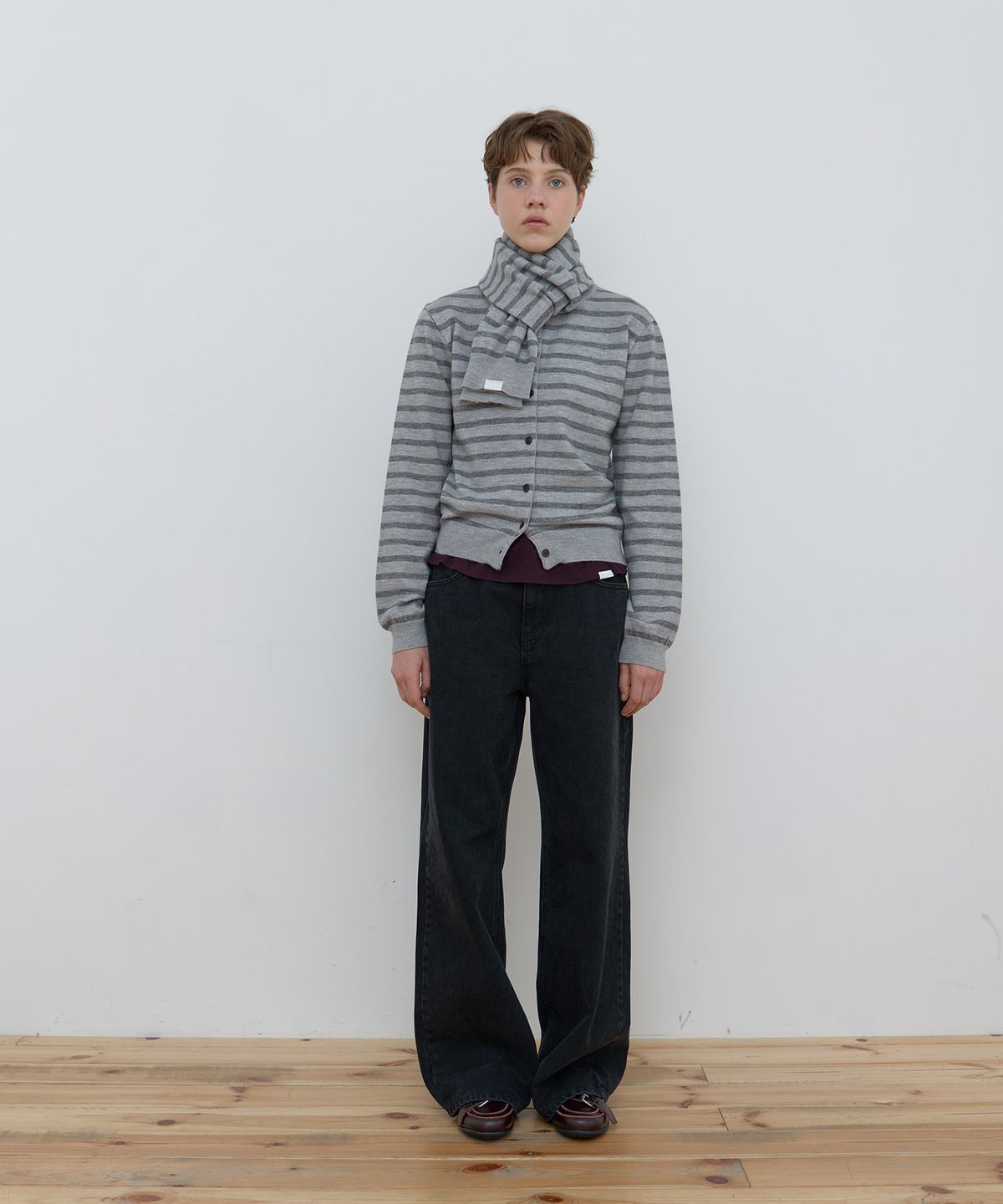 마조네(MA JOURNEE) MUFFLER SET STRIPE CARDIGAN_GREY