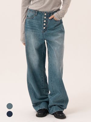 버튼 포인트 배럴 핏 데님 팬츠