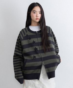 STAR STRIPE RAGLAN KNIT ZIP UP_CHARCOAL(IK2FFMK685A)