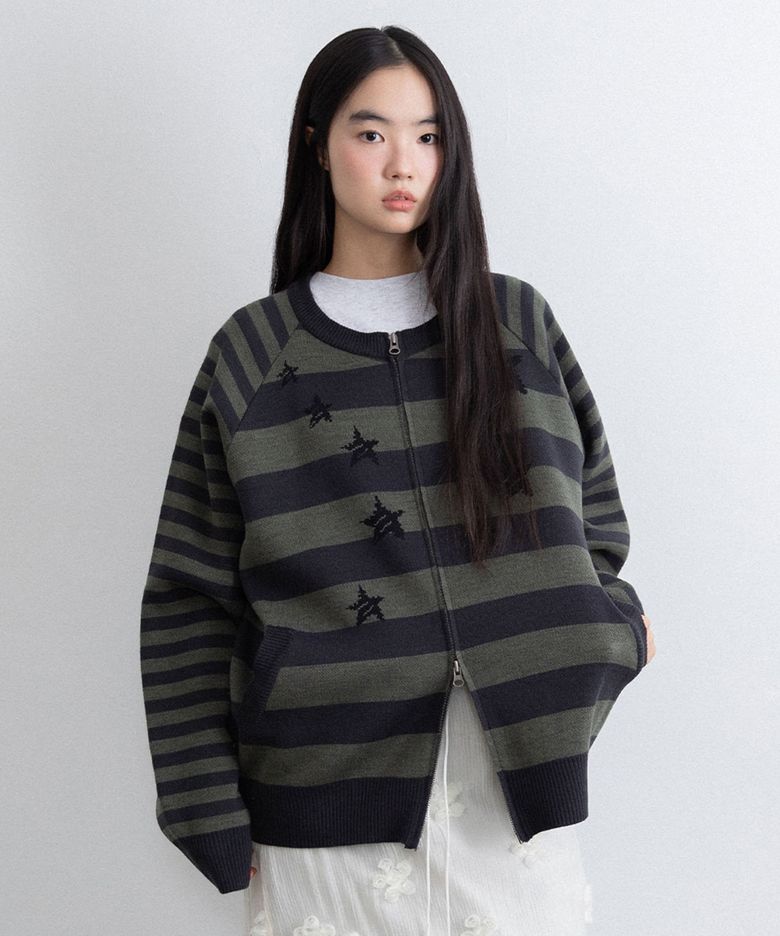 STAR STRIPE RAGLAN KNIT ZIP UP_CHARCOAL(IK2FFMK685A)